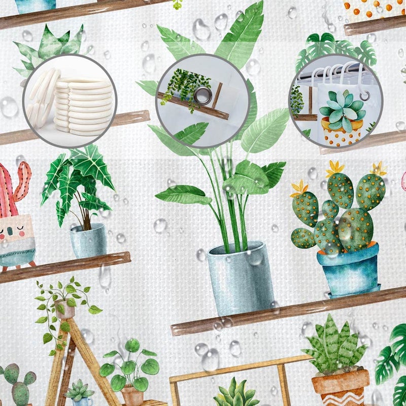juirnost Green Plant Farmhouse Startain Bohemian Potted Plant Startain for Bathroom Cactus Plant Plant Attubs للحمام مع 12 خطافًا مقاومًا للبوليستر 72 "× 72" " - Image 4