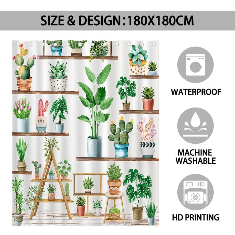 juirnost Green Plant Farmhouse Startain Bohemian Potted Plant Startain for Bathroom Cactus Plant Plant Attubs للحمام مع 12 خطافًا مقاومًا للبوليستر 72 "× 72" " - Image 3