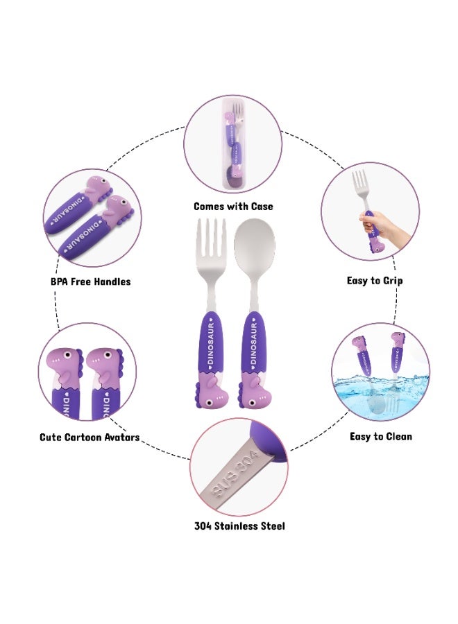 CRAVISTA Stainless Steel Kids Cutlery Set with Case | Stainless Steel Spoon and Fork for Kids | Portable Tableware for Lunch Box, Travel, Picnic | Toddler Utensils, Dinosaur Spoon Fork Set (Purple) - Image 3