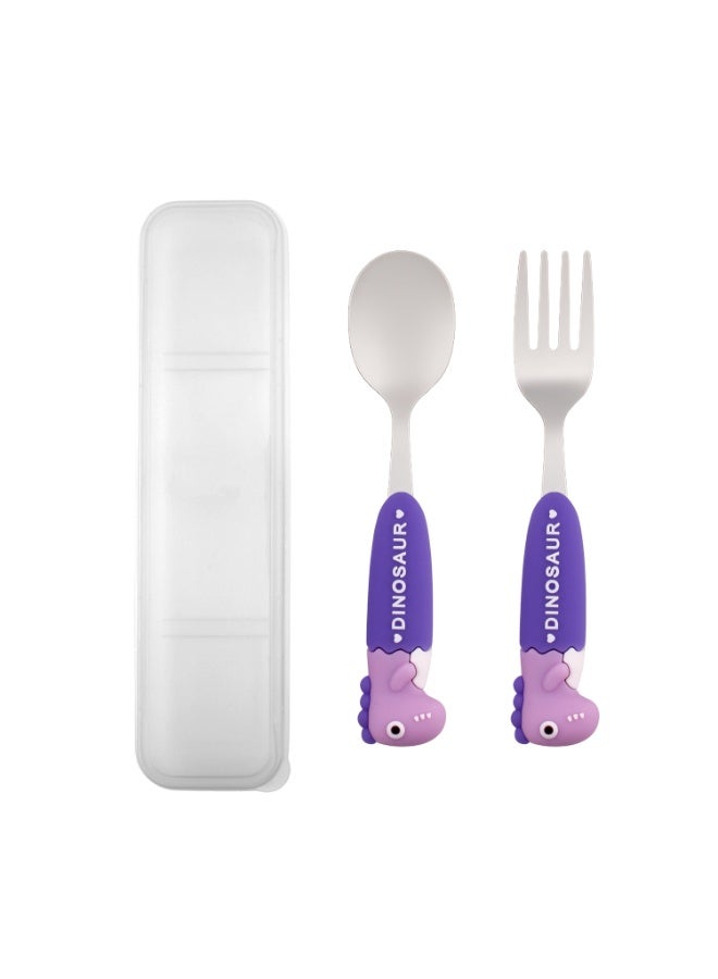 CRAVISTA Stainless Steel Kids Cutlery Set with Case | Stainless Steel Spoon and Fork for Kids | Portable Tableware for Lunch Box, Travel, Picnic | Toddler Utensils, Dinosaur Spoon Fork Set (Purple) - Image 1