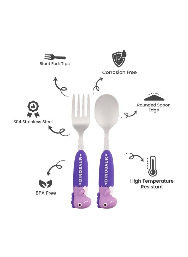 CRAVISTA Stainless Steel Kids Cutlery Set with Case | Stainless Steel Spoon and Fork for Kids | Portable Tableware for Lunch Box, Travel, Picnic | Toddler Utensils, Dinosaur Spoon Fork Set (Purple) - Image 2