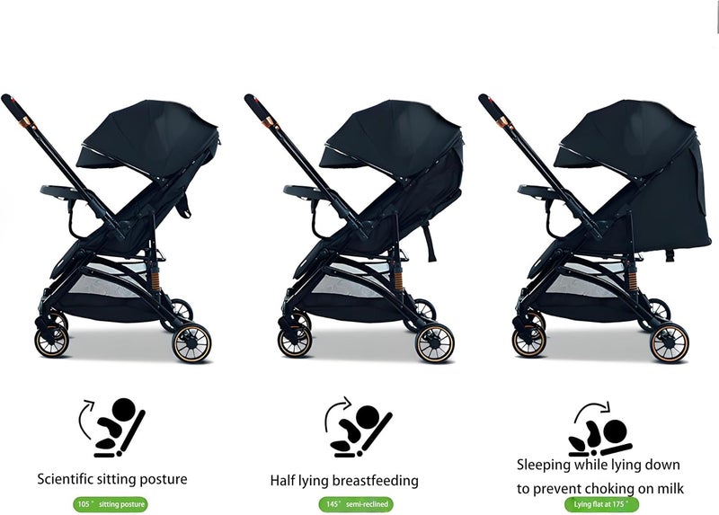 HOTSUAE Reversible Lightweight Baby Stroller, Foldable Baby Stroller, 0-3 Year Old Baby Travel Stroller, with Storage Basket, Four-Wheel Suspension, 5-Point Seat Belt, Black (Black（two-way ）) - Image 2