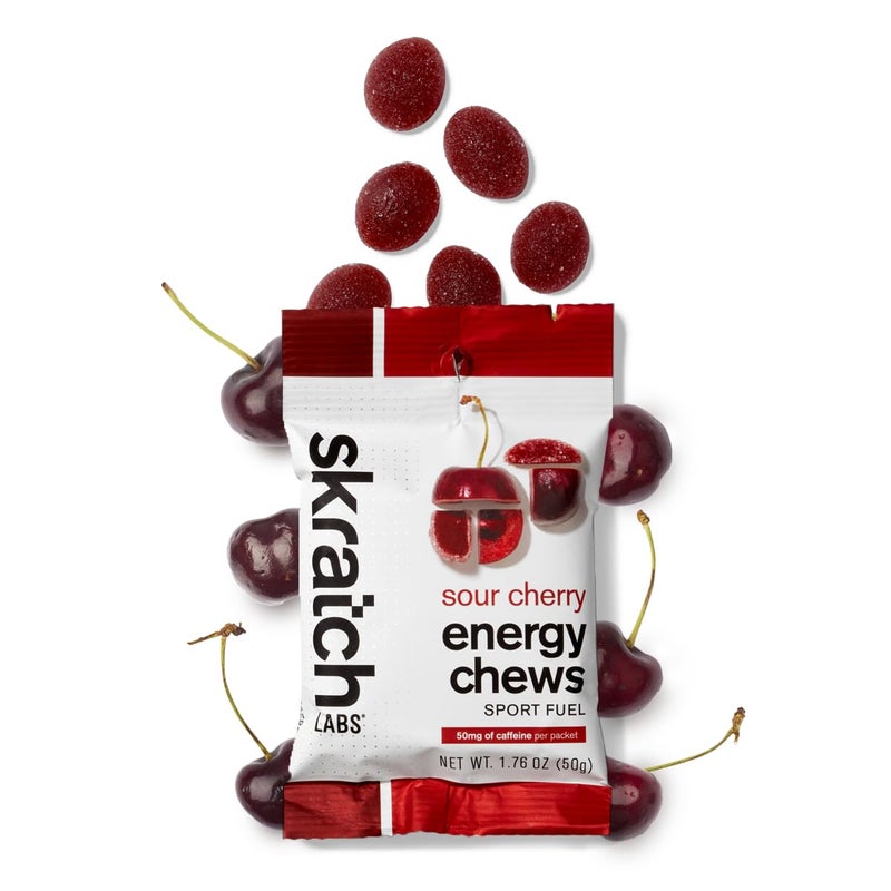 Skratch Labs Energy Chews | Energy Gummies for Running, Cycling, and Sports Preformance | Energy Gel Alternative | Sour Cherry (10 Pack) | Gluten Free, Vegan - Image 1