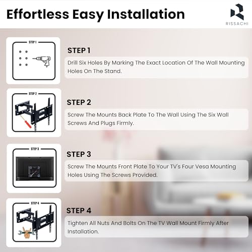 RISSACHI TV LCD LED Wall Mount Stand 23 to 55" Inch Full Motion Rotatable TV Wall Stand with Swivel & Tilt Adjustment : +- 15° (Up/Down) Suitable for All Brands, suitable for 55 Inches - Image 5