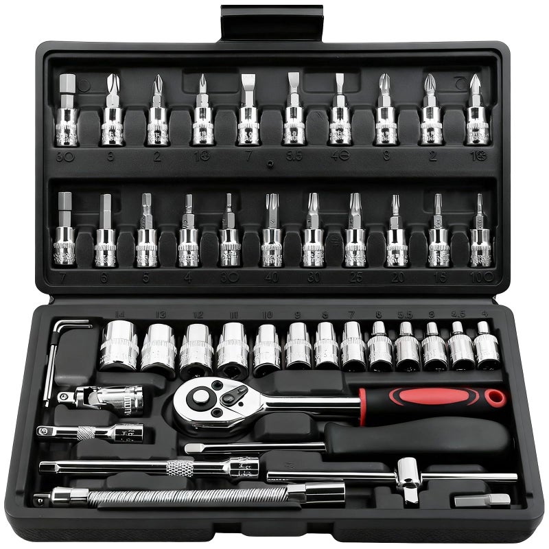 Egofine 46 Pieces 14 inch Drive Socket Ratchet Wrench Set with Bit Socket Set Metric and Extension Bar for Auto Repairing and Household with Black Storage Case - Image 2