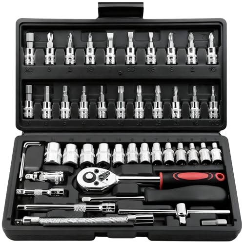 Egofine 46 Pieces 14 inch Drive Socket Ratchet Wrench Set with Bit Socket Set Metric and Extension Bar for Auto Repairing and Household with Black Storage Case - Image 1