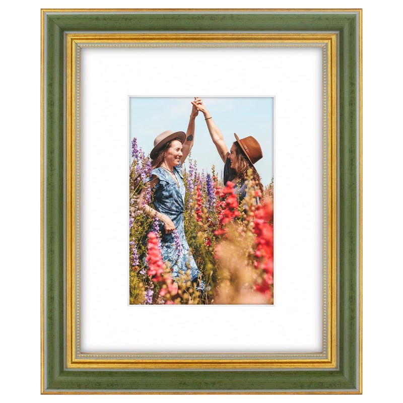 Space Art Deco  8x10 Ornate Picture Frame for 5x7 Photo with White Mat  High Definition Real Glass for Wall Mounting And Table Top(Green Gold  1 Pack) - Image 1