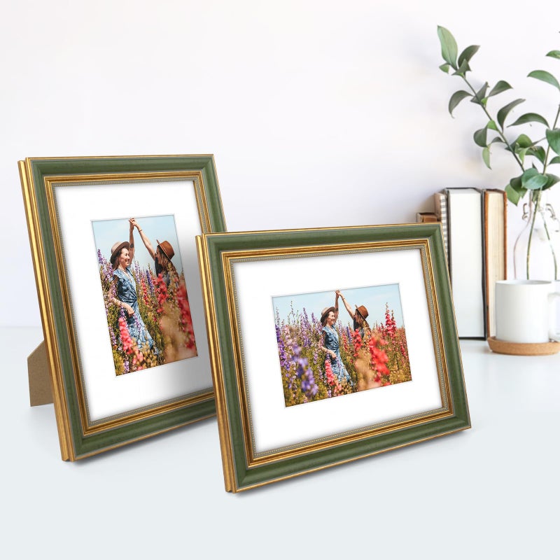 Space Art Deco  8x10 Ornate Picture Frame for 5x7 Photo with White Mat  High Definition Real Glass for Wall Mounting And Table Top(Green Gold  1 Pack) - Image 2