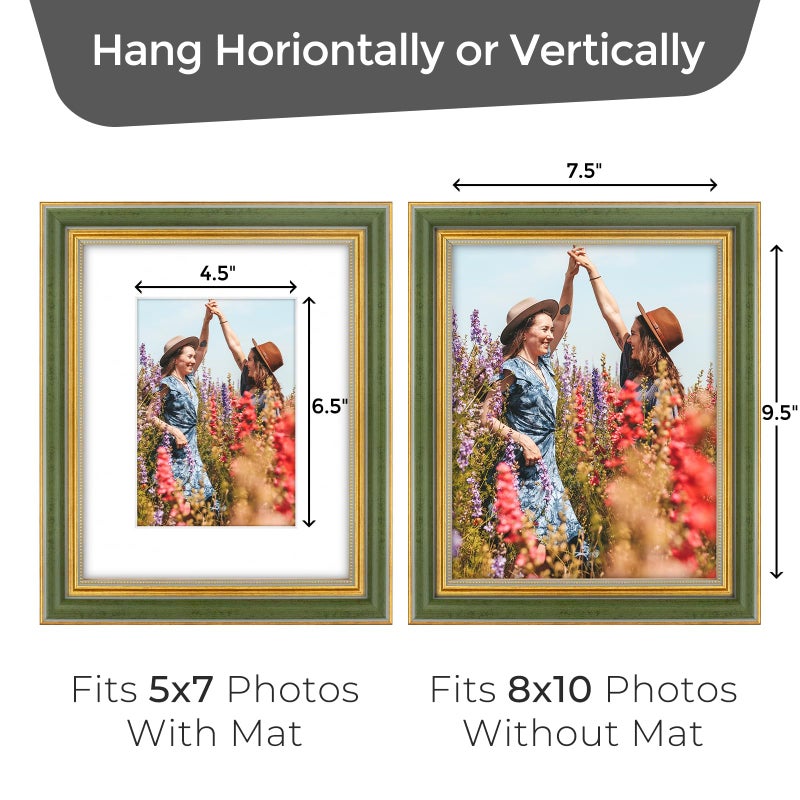 Space Art Deco  8x10 Ornate Picture Frame for 5x7 Photo with White Mat  High Definition Real Glass for Wall Mounting And Table Top(Green Gold  1 Pack) - Image 4