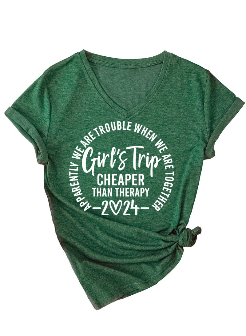 Women V Neck Tshirt 'Girls Trip' Printed Short Sleeve Tees Tops Soft T-Shirts - Image 1