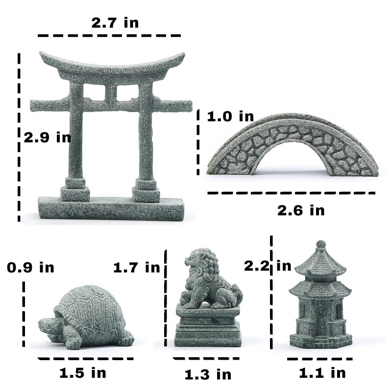 Sdeetesamjun 6 PCS Mini Zen Garden Accessories, Miniature Garden Bridge Foo Dogs Torii Gate Sandstone Figurines Meditation Zen Decor Japanese Fish Tank Terrarium Bonsai Decorations (Art Deco) - Image 2