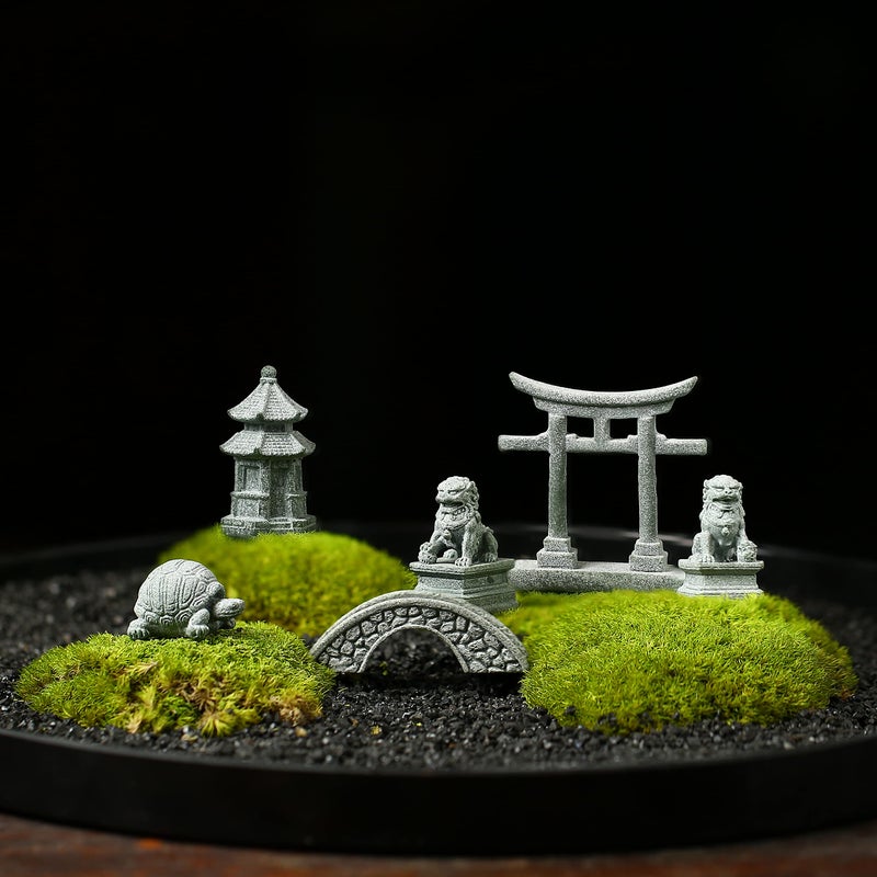 Sdeetesamjun 6 PCS Mini Zen Garden Accessories, Miniature Garden Bridge Foo Dogs Torii Gate Sandstone Figurines Meditation Zen Decor Japanese Fish Tank Terrarium Bonsai Decorations (Art Deco) - Image 3