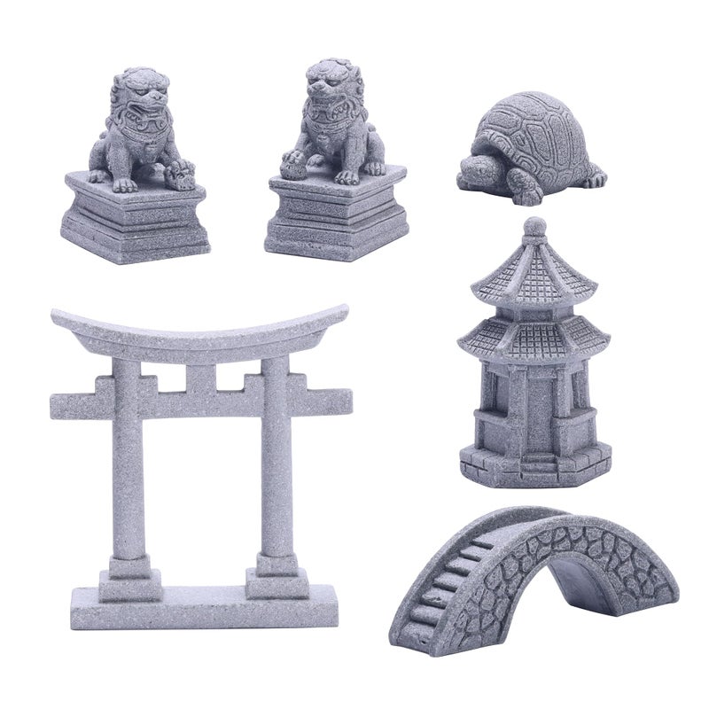Sdeetesamjun 6 PCS Mini Zen Garden Accessories, Miniature Garden Bridge Foo Dogs Torii Gate Sandstone Figurines Meditation Zen Decor Japanese Fish Tank Terrarium Bonsai Decorations (Art Deco) - Image 1