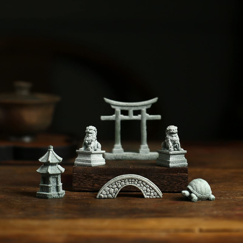 Sdeetesamjun 6 PCS Mini Zen Garden Accessories, Miniature Garden Bridge Foo Dogs Torii Gate Sandstone Figurines Meditation Zen Decor Japanese Fish Tank Terrarium Bonsai Decorations (Art Deco) - Image 5