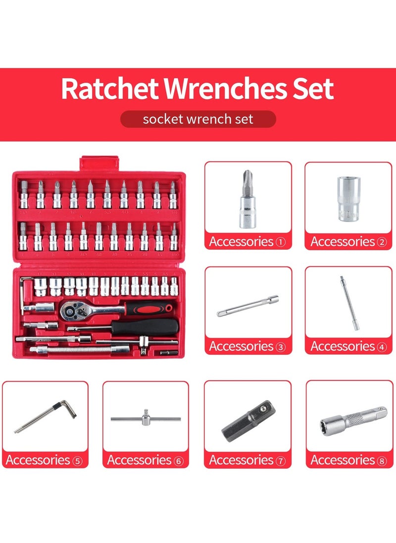 46 Pcs Socket Wrench Set, 1/4 inch Drive Socket Ratchet Wrench Set, Automotive u0026 Household Repair Socket Kit, Metric Socket Wrench Repair Tools - Image 5