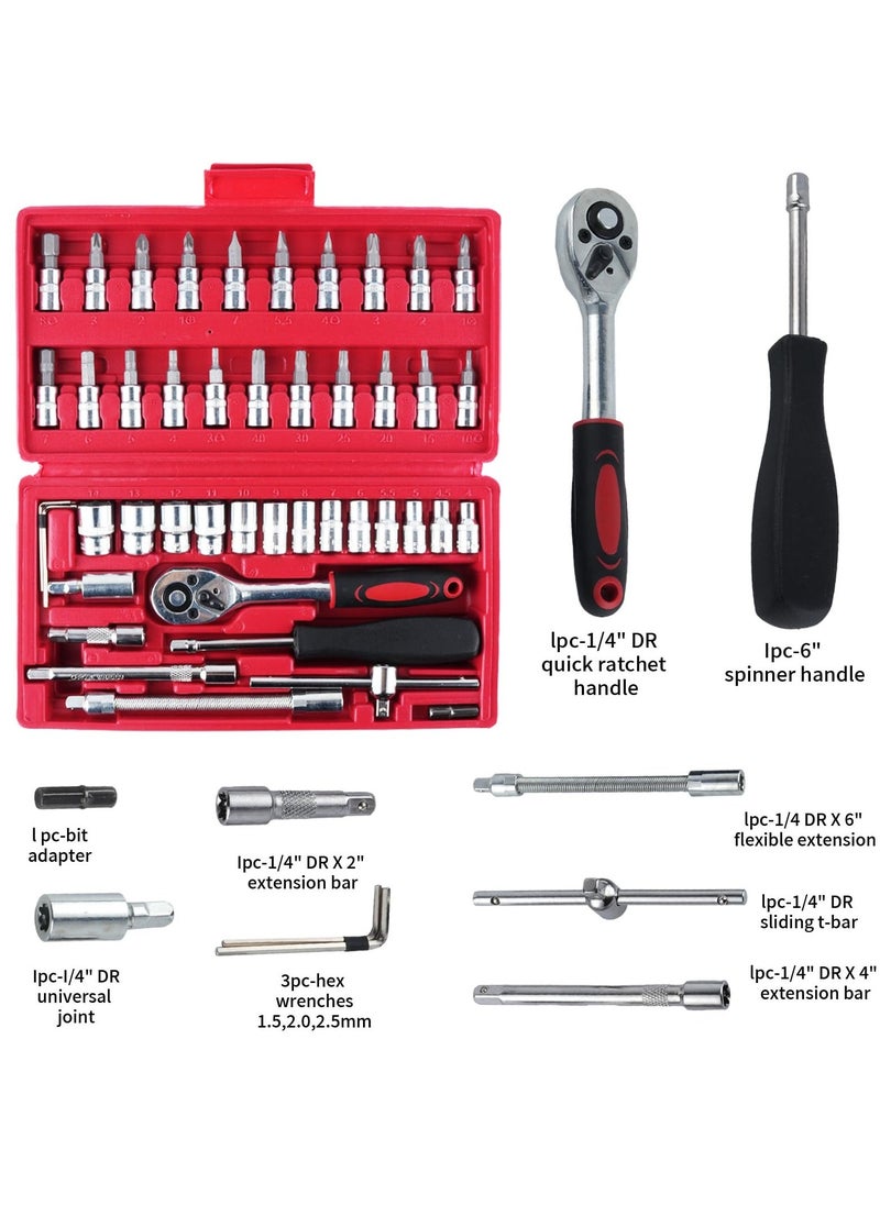 46 Pcs Socket Wrench Set, 1/4 inch Drive Socket Ratchet Wrench Set, Automotive u0026 Household Repair Socket Kit, Metric Socket Wrench Repair Tools - Image 2