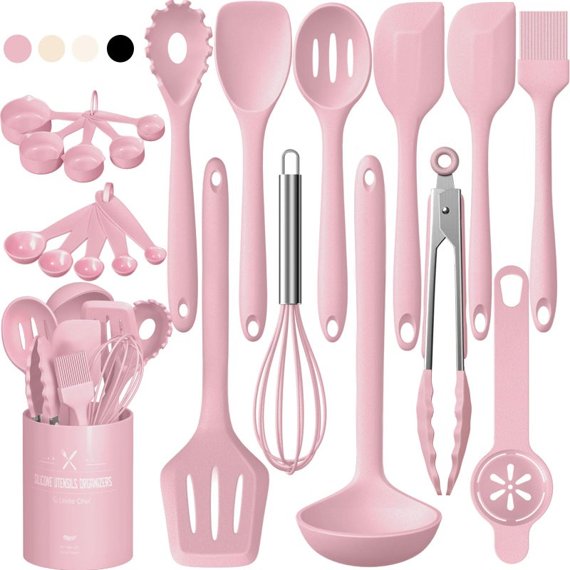 Umite Chef 22Pcs Silicone Cooking Utensils Set, Heat Resistant Silicone Kitchen Spatulas Set with Holder, Cooking Gadgets Tools Set for Nonstick Cookware, Dishwasher Safe(Pink) - Image 1