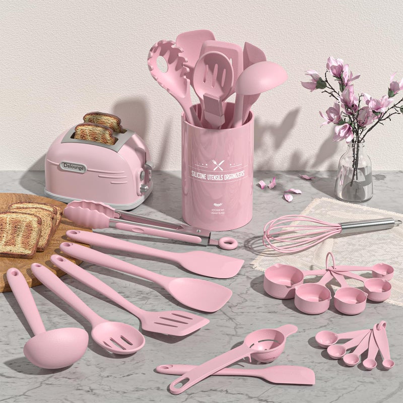 Umite Chef 22Pcs Silicone Cooking Utensils Set, Heat Resistant Silicone Kitchen Spatulas Set with Holder, Cooking Gadgets Tools Set for Nonstick Cookware, Dishwasher Safe(Pink) - Image 2
