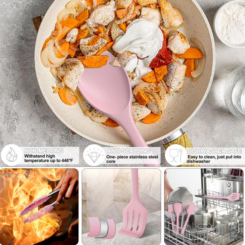 Umite Chef 22Pcs Silicone Cooking Utensils Set, Heat Resistant Silicone Kitchen Spatulas Set with Holder, Cooking Gadgets Tools Set for Nonstick Cookware, Dishwasher Safe(Pink) - Image 4
