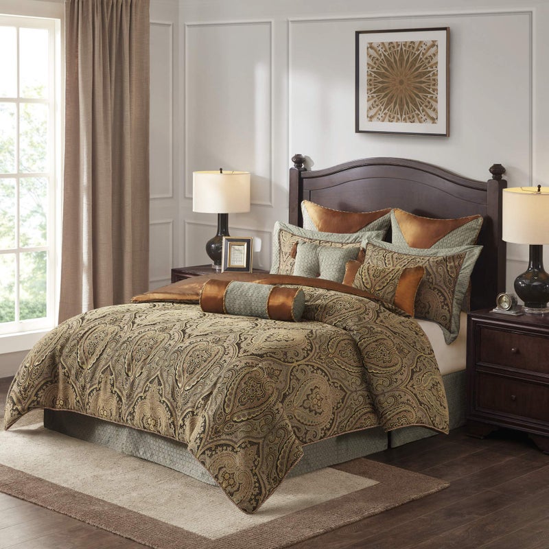 Hampton Hill Hampton Hill Bed Comforter Duvet 2in1 Set Bed in A Bag  Teal Brown Jacquard Medallion Damask  10 Piece Bedding Sets  Ultra Soft Microfiber Bedroom Comforters King 