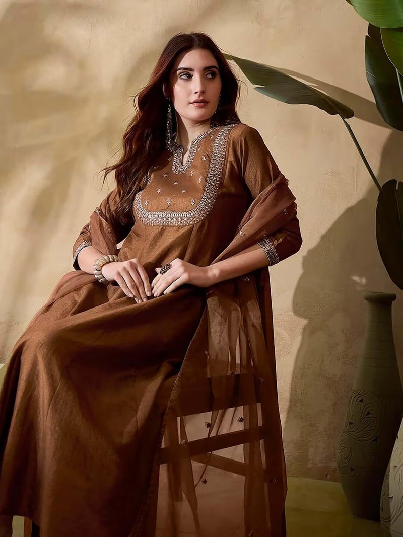 Shiv Textiles Women's Vichitra Silk Embroidered Kurta Pant Dupatta Set(SR-SAJNI-Coffee-XL) - Image 4