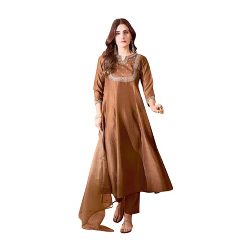Shiv Textiles Women's Vichitra Silk Embroidered Kurta Pant Dupatta Set(SR-SAJNI-Coffee-XL) - Image 1