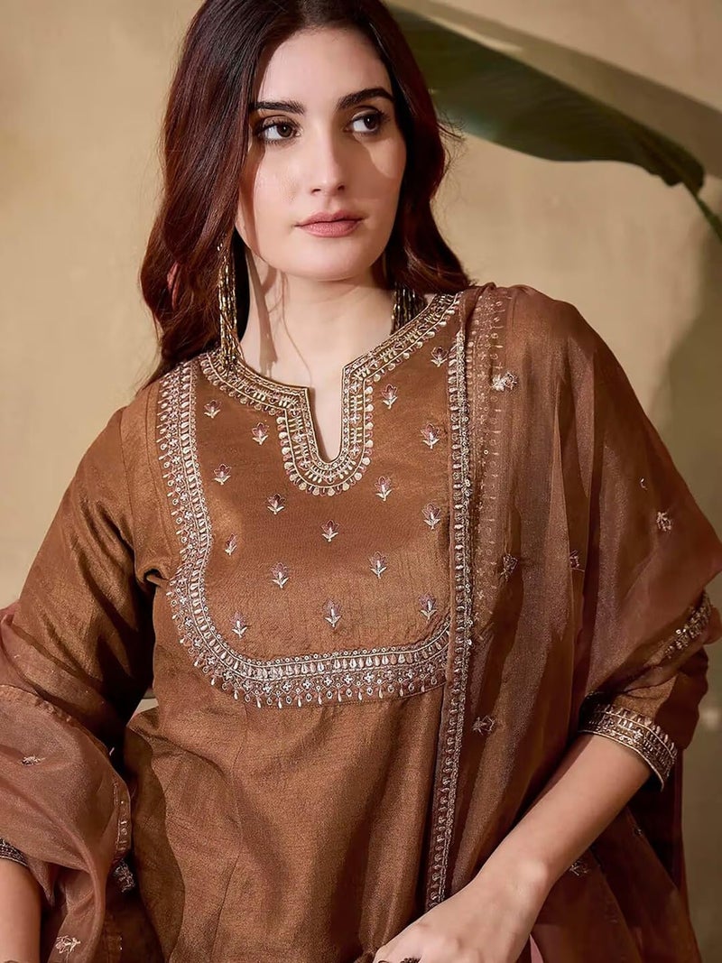 Shiv Textiles Women's Vichitra Silk Embroidered Kurta Pant Dupatta Set(SR-SAJNI-Coffee-XL) - Image 5