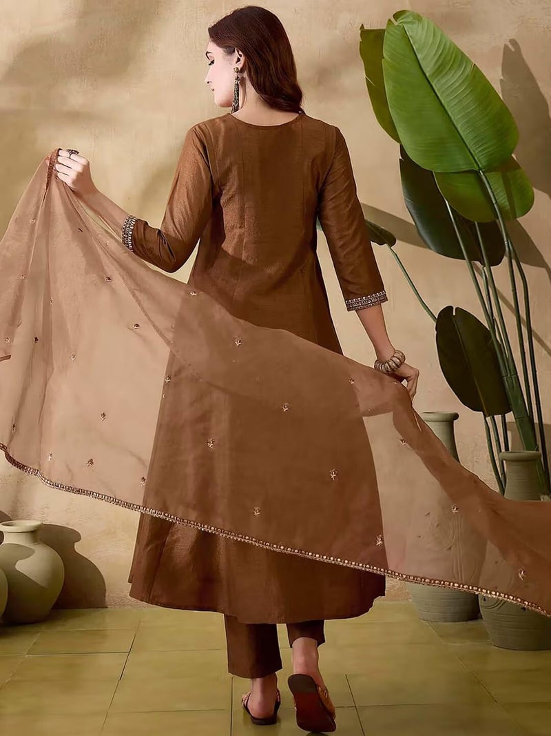 Shiv Textiles Women's Vichitra Silk Embroidered Kurta Pant Dupatta Set(SR-SAJNI-Coffee-XL) - Image 3