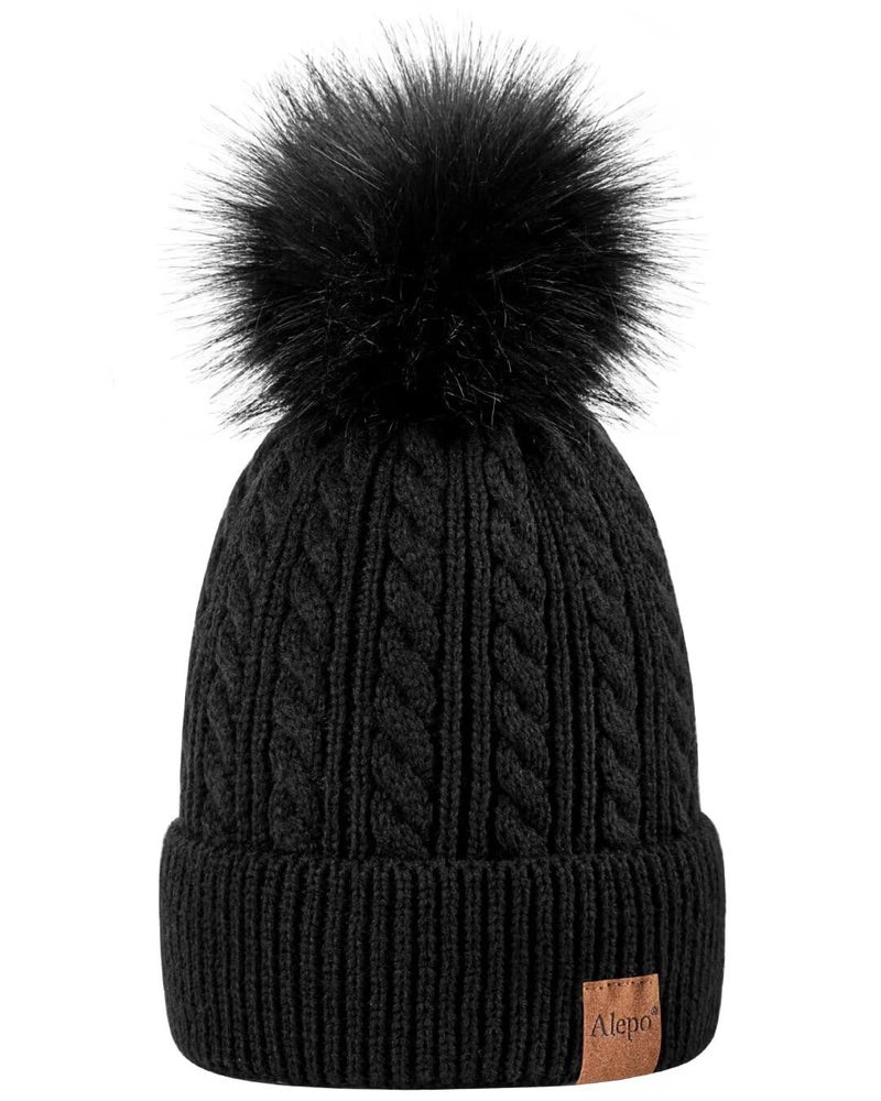Alepo Womens Winter Beanie Hat, Warm Fleece Lined Knitted Soft Ski Cuff Cap with Pom Pom(Black) - Image 1