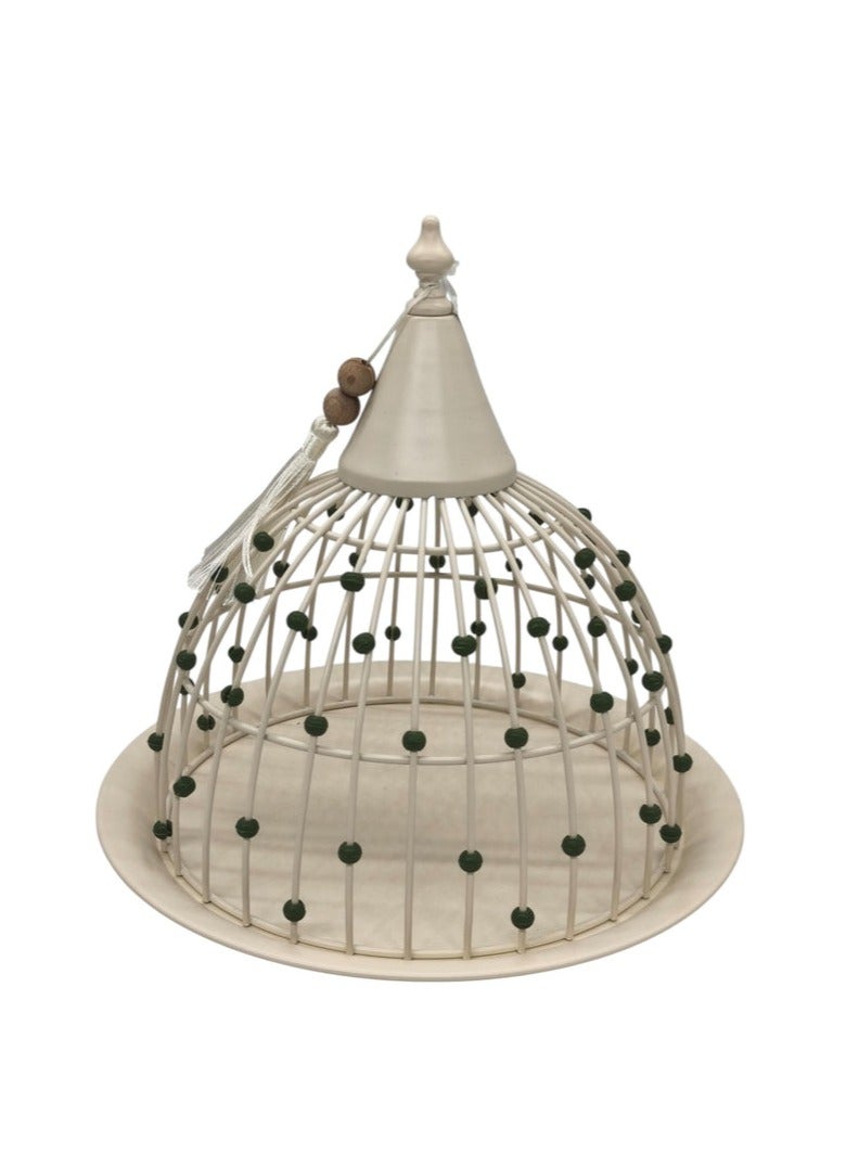 AKDC Metal Round Tray with Lid 27cm*27cm, White with Green Beads - Image 1