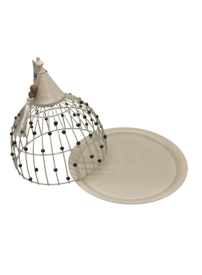 AKDC Metal Round Tray with Lid 27cm*27cm, White with Green Beads - Image 2