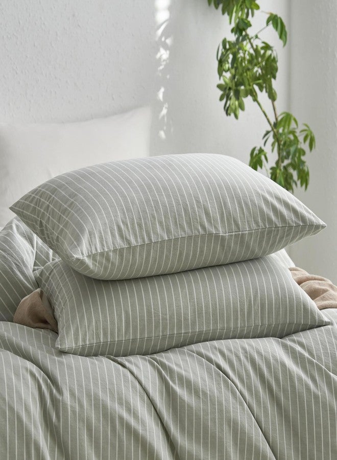 MooMee Bedding Pillowcases Striped Pack of 2 100% Washed Cotton Linen Like Textured Breathable Durable Soft Comfy (Sage Green White Wide Stripes, King) - Image 1