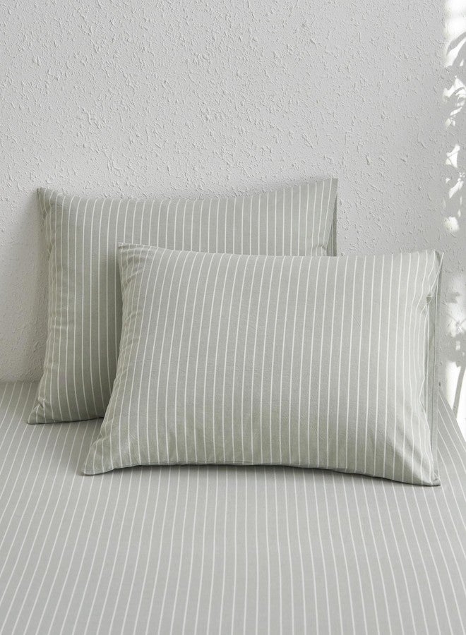 MooMee Bedding Pillowcases Striped Pack of 2 100% Washed Cotton Linen Like Textured Breathable Durable Soft Comfy (Sage Green White Wide Stripes, King) - Image 2