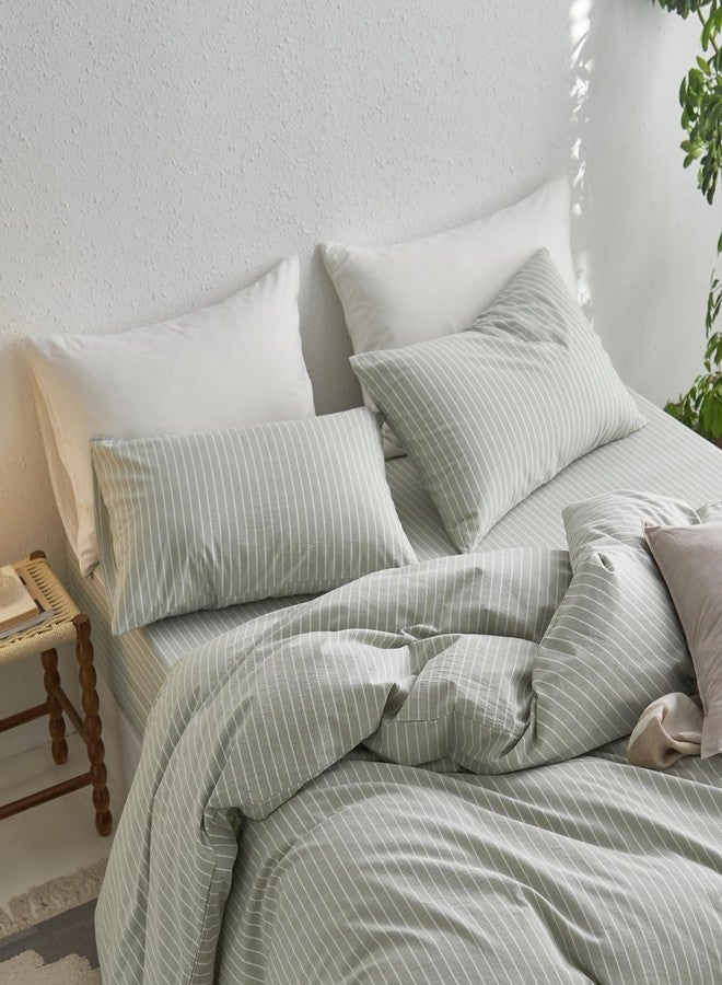 MooMee Bedding Pillowcases Striped Pack of 2 100% Washed Cotton Linen Like Textured Breathable Durable Soft Comfy (Sage Green White Wide Stripes, King) - Image 3