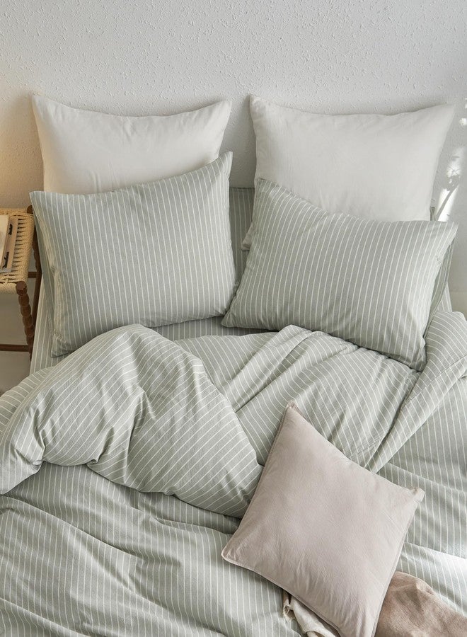MooMee Bedding Pillowcases Striped Pack of 2 100% Washed Cotton Linen Like Textured Breathable Durable Soft Comfy (Sage Green White Wide Stripes, King) - Image 4
