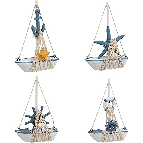 Juvale Mini Wooden Sailboat Models for Nautical Decor - 4 Pack, 4.4 x 6.8 x 1.25 in, Blue & White - Coastal & Beach Decor for Home, Nautical Party Decorations & Sailboat Centerpieces - Image 1