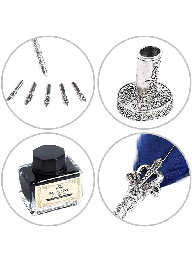 erorex Quill Feather Pen Antique Dip Quill Pen Calligraphy Writing Ink Pen With Ink Handmade Quill Feather Pen Set 6 Replacement Nibs Contains Ink Ideal For Beginners And Adults Navy Blue - Image 5