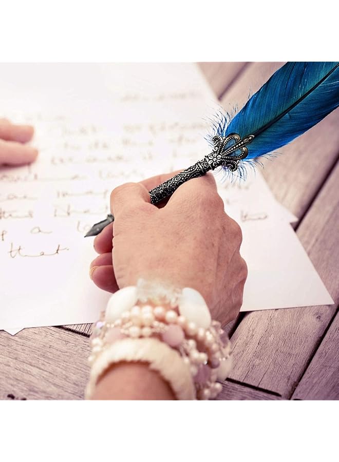 erorex Quill Feather Pen Antique Dip Quill Pen Calligraphy Writing Ink Pen With Ink Handmade Quill Feather Pen Set 6 Replacement Nibs Contains Ink Ideal For Beginners And Adults Navy Blue - Image 4