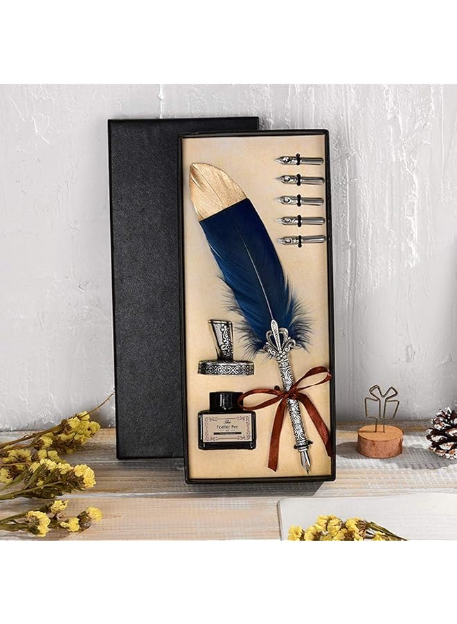 erorex Quill Feather Pen Antique Dip Quill Pen Calligraphy Writing Ink Pen With Ink Handmade Quill Feather Pen Set 6 Replacement Nibs Contains Ink Ideal For Beginners And Adults Navy Blue - Image 3