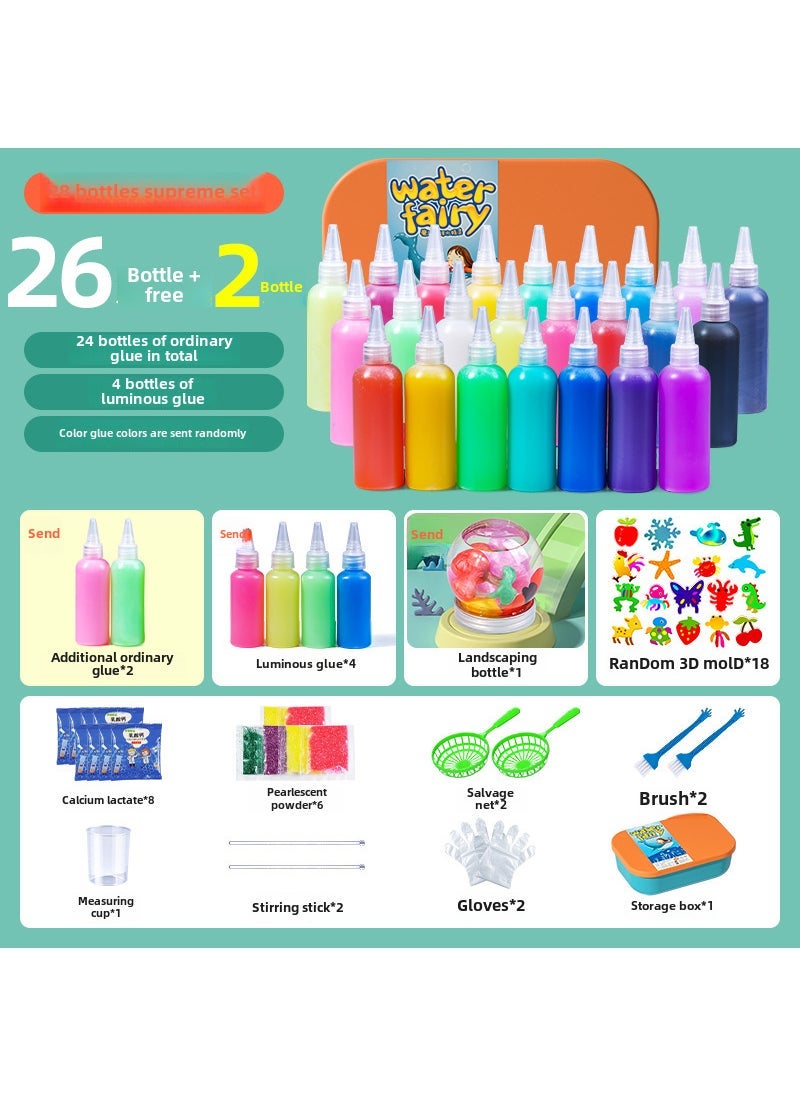 Magic water elf girls toy water Baby Magic childrens puzzle diy bottle handmade material package suit wholesaleSmall bottle-colorful easy-to-shape 28 bottles (18 3D molds + landscape bottles +4 luminous glue) Small bottle-colorful easy-to-shape 28 bottles (18 3D molds + landscape bottles +4 luminous glue) 