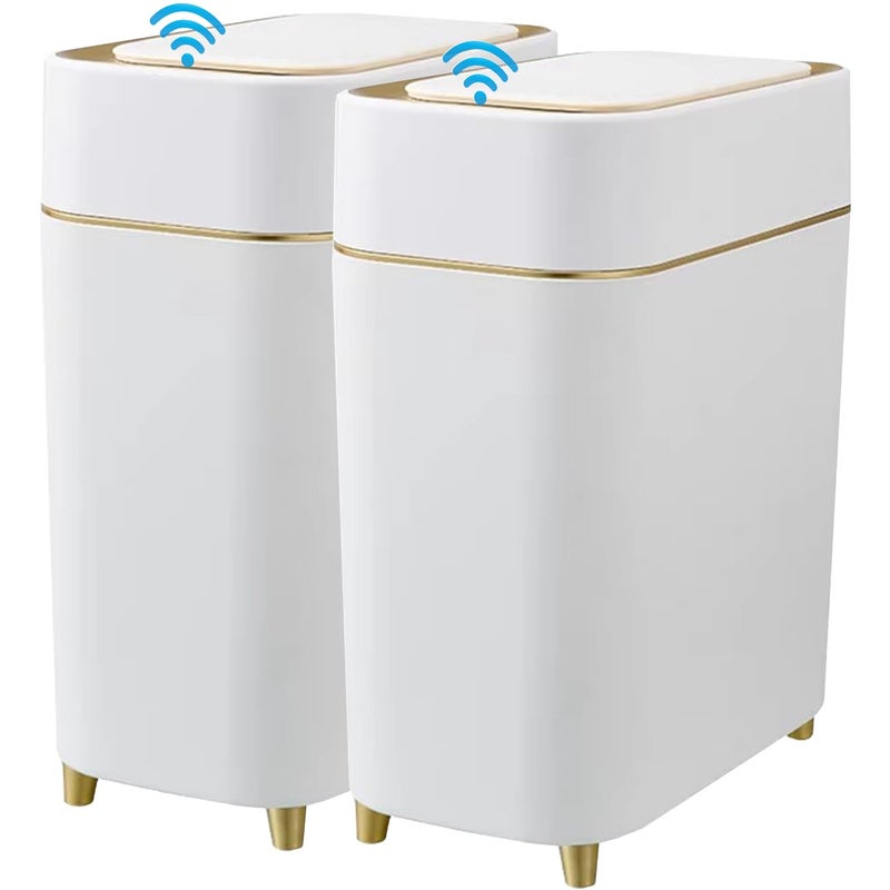Yatmung 2-Pack - Automatic Compact Trash Can with Touchless Lid Smart Garbage Can - Waste Basket for Bathroom, Bedroom, Laundry Room, Small Spaces - Motion Sensor Trash Bin - White with Gold Edge - Image 1