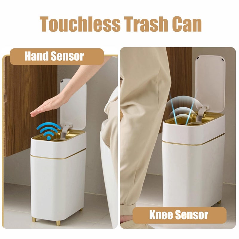 Yatmung 2-Pack - Automatic Compact Trash Can with Touchless Lid Smart Garbage Can - Waste Basket for Bathroom, Bedroom, Laundry Room, Small Spaces - Motion Sensor Trash Bin - White with Gold Edge - Image 5