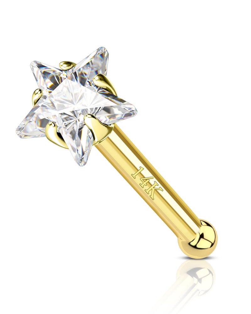 COCHARM دبابيس أنف نجمة من الذهب الصلب عيار 14 قيراط 20 جرام، دبابيس أنف من الذهب الأصفر، حلقة أنف من الذهب الحقيقي عيار 14 قيراط، دبوس أنف مستقيم، ثقب أنف مضاد للحساسية - Image 1