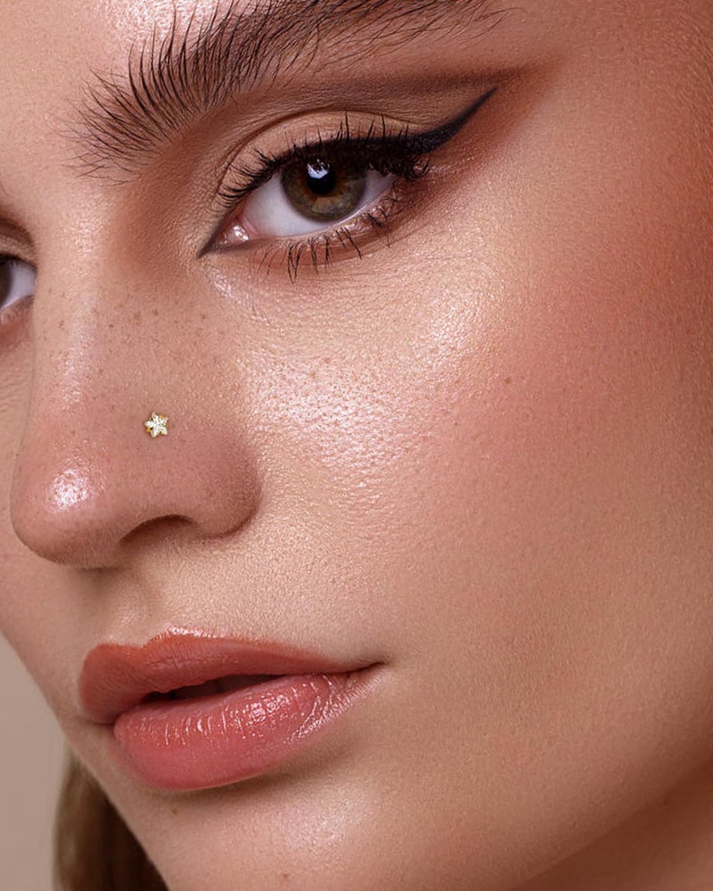 COCHARM دبابيس أنف نجمة من الذهب الصلب عيار 14 قيراط 20 جرام، دبابيس أنف من الذهب الأصفر، حلقة أنف من الذهب الحقيقي عيار 14 قيراط، دبوس أنف مستقيم، ثقب أنف مضاد للحساسية - Image 2