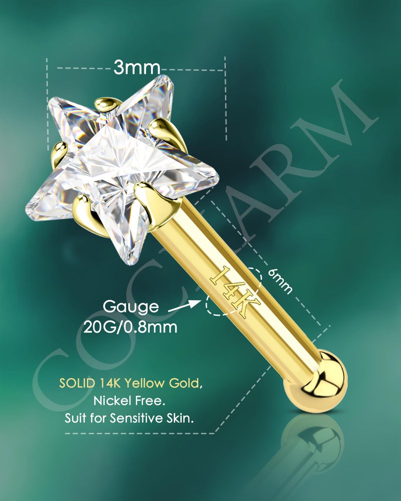 COCHARM دبابيس أنف نجمة من الذهب الصلب عيار 14 قيراط 20 جرام، دبابيس أنف من الذهب الأصفر، حلقة أنف من الذهب الحقيقي عيار 14 قيراط، دبوس أنف مستقيم، ثقب أنف مضاد للحساسية - Image 3