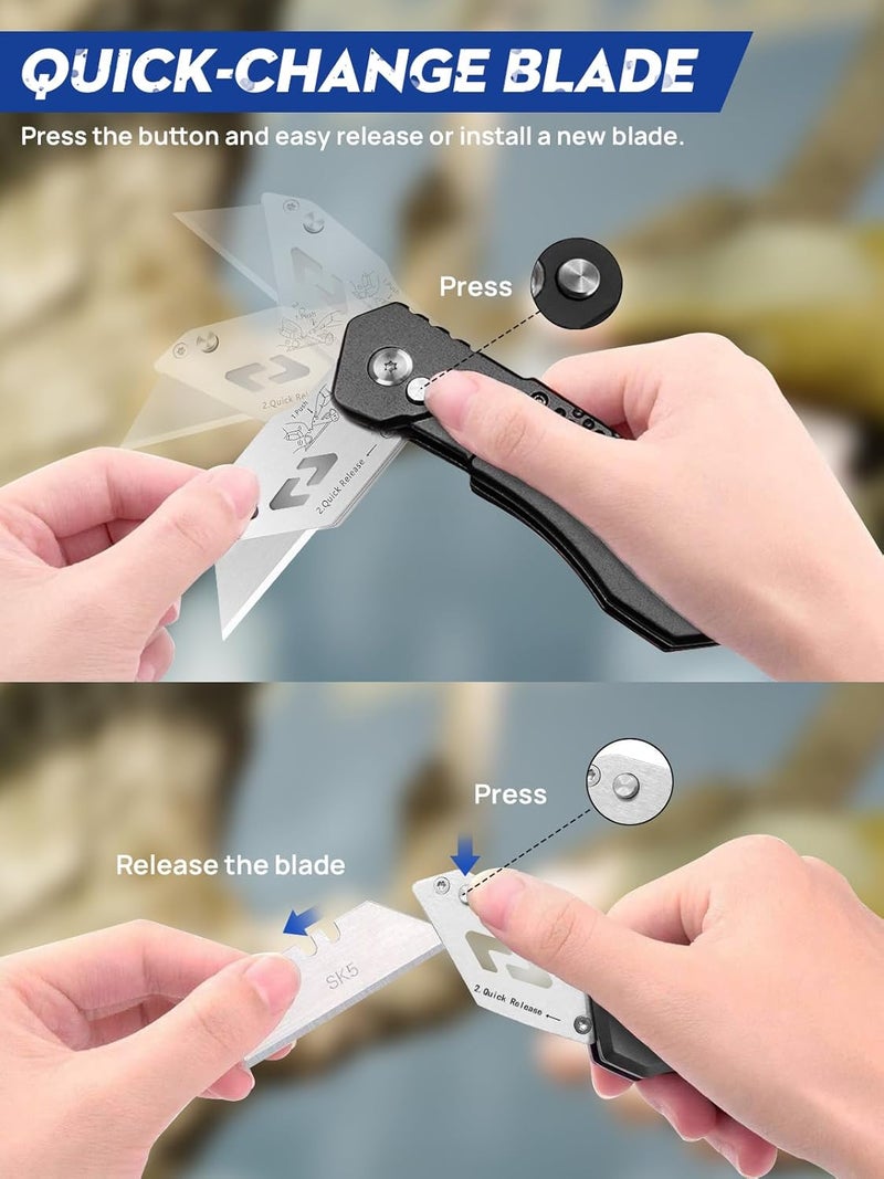 BIBURY Utility Knife, Upgraded Version Heavy Duty Box Cutter, Pocket Carpet knife with 10 Replaceable SK5 Stainless Steel Blades, Belt Clip, Easy Release Button, Quick Change and Safety Lock-Black - Image 2