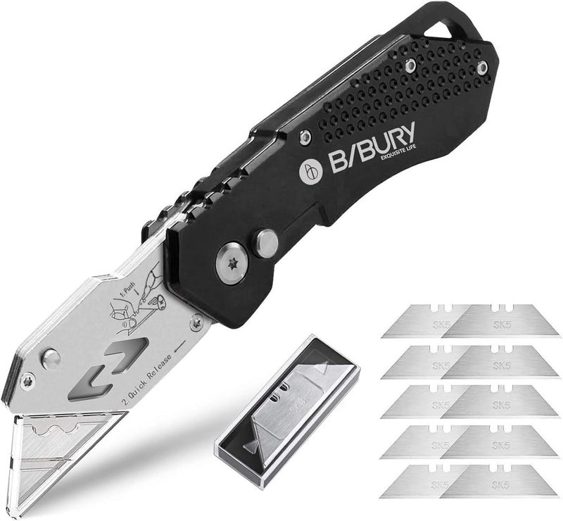 BIBURY Utility Knife, Upgraded Version Heavy Duty Box Cutter, Pocket Carpet knife with 10 Replaceable SK5 Stainless Steel Blades, Belt Clip, Easy Release Button, Quick Change and Safety Lock-Black - Image 1