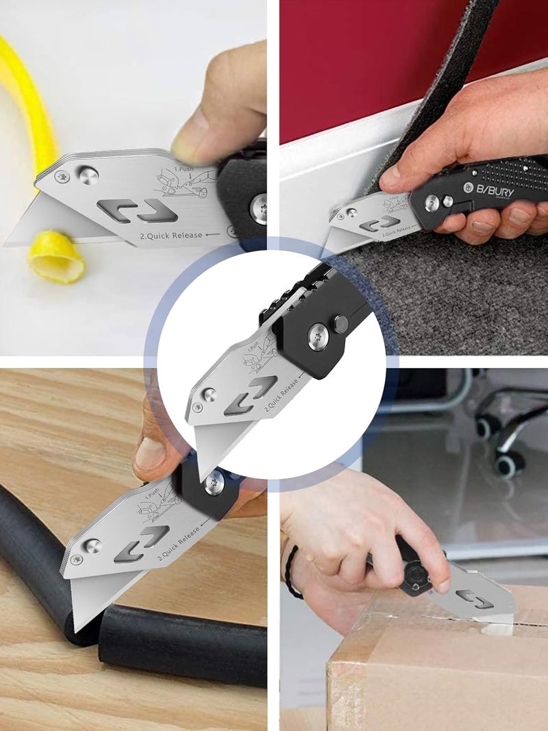 BIBURY Utility Knife, Upgraded Version Heavy Duty Box Cutter, Pocket Carpet knife with 10 Replaceable SK5 Stainless Steel Blades, Belt Clip, Easy Release Button, Quick Change and Safety Lock-Black - Image 5