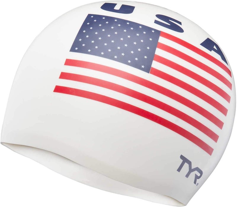 TYR USA Silicone Swim Cap - One Size, White with American Flag Design - Image 1
