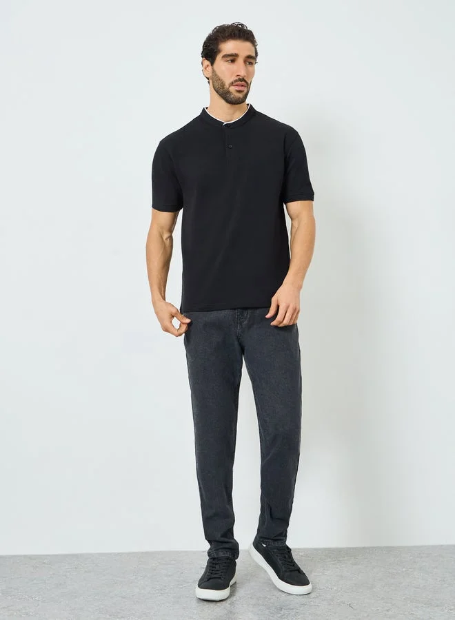 Styli Men Black Stand Collar Relaxed Pique Polo